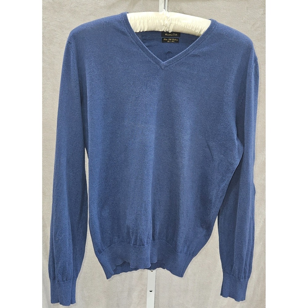 Massimo Dutti Cotton Silk Cashmere V-Neck Sweater Men's M Blue Suede Elbow Patch